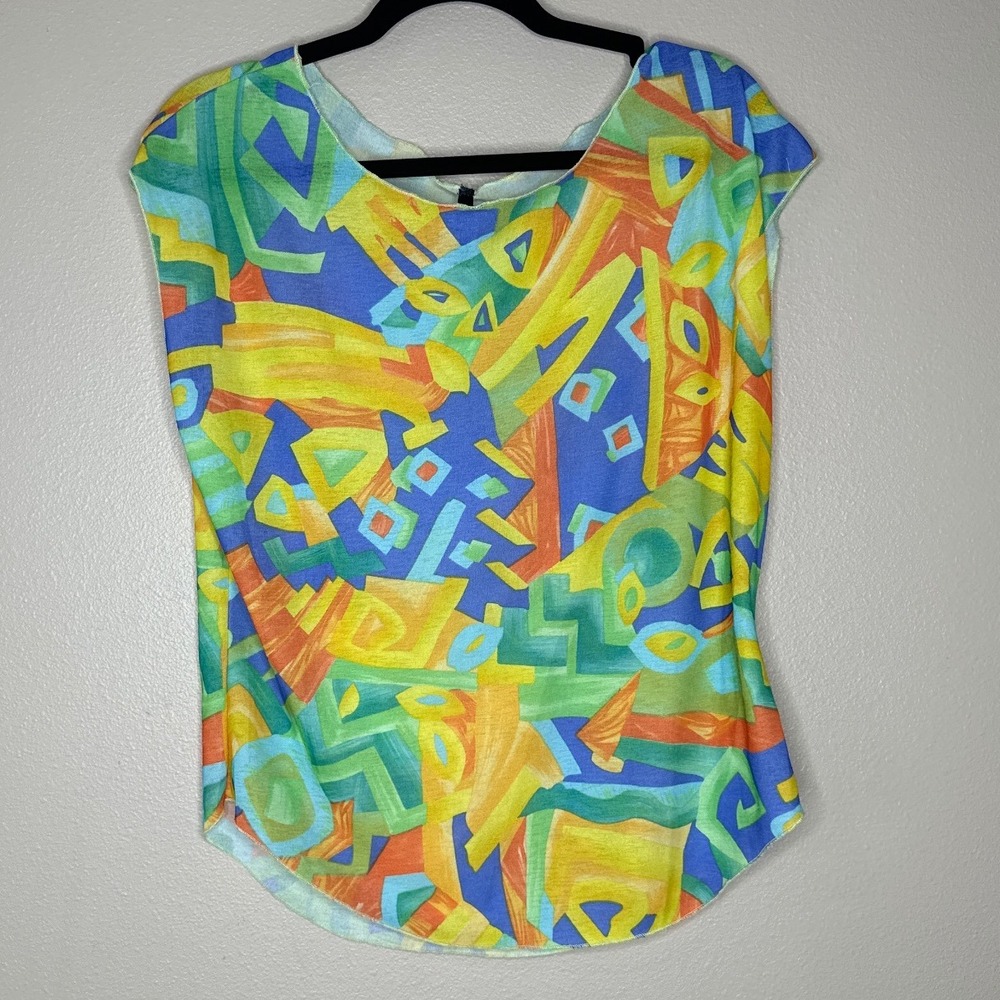 I'VORY VTG Abstract Print Top Colorful Geometric Pattern Sleeveless‎ Blouse XL
